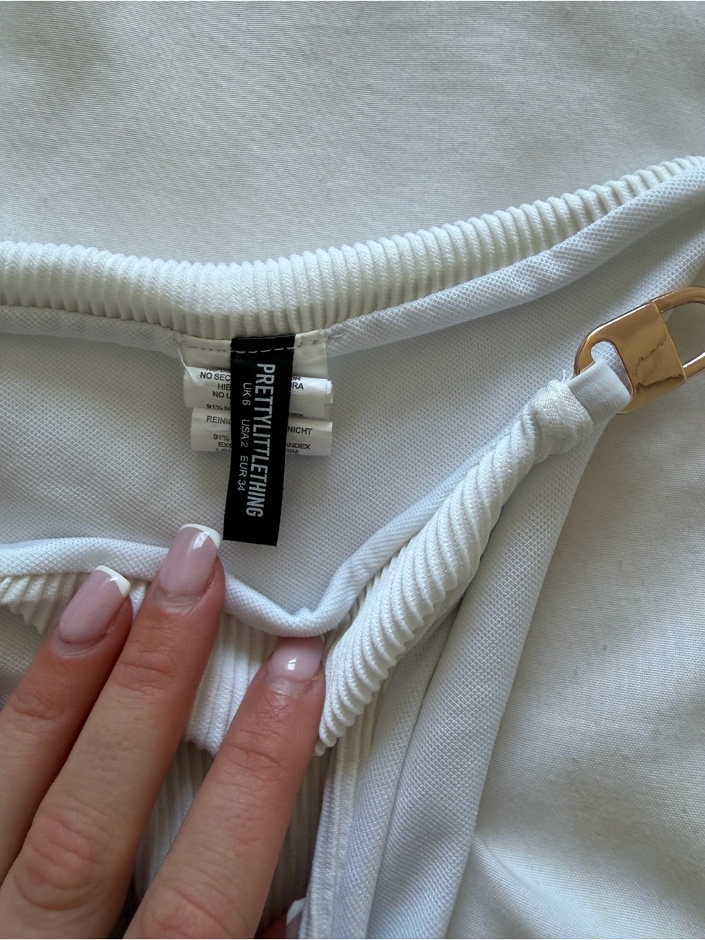 PLT White Ribbed Gold Chain Detail Triangle Bikini Set Size 2 - Picture 7 of 8